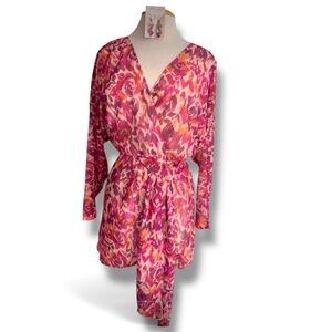 NWT BTFL-life Dress S M chiffon sheer over lined body - sheer sleeves pinks reds